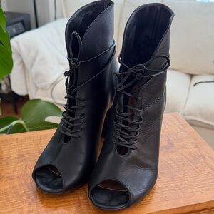 Black Leather Peep Toe Lace-Up Ankle Booties | Size 8